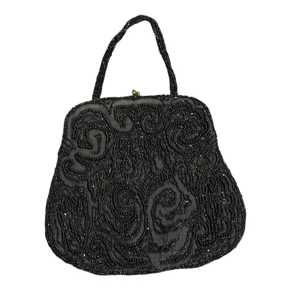 Vtg. Bag by Josef Black Beaded Evening Bag Clasp and strap
